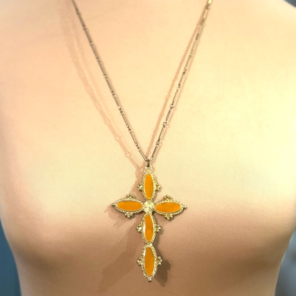 Rare Gold-tone Cross Necklace Orange Opals Statement Piece